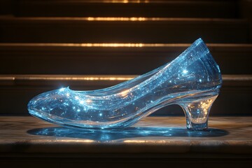 Glass slipper on marble stairs, fairytale scene, magical glow