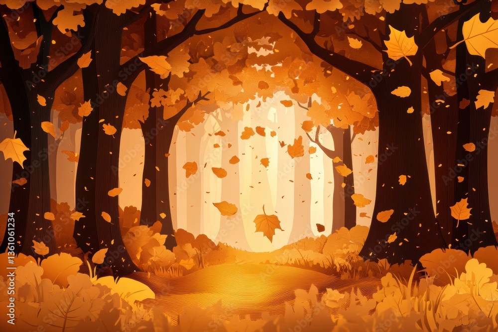 Fototapete Layered paper cut autumn forest with golden leaves under warm soft light filtering through trees Generative AI