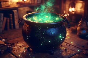 Glowing potion brews in cauldron, wizard's study, fantasy scene, Halloween