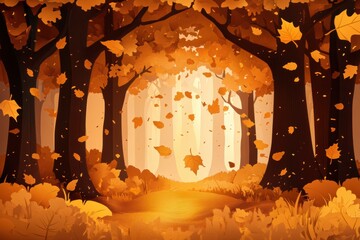 Layered paper cut autumn forest with golden leaves under warm soft light filtering through trees Generative AI