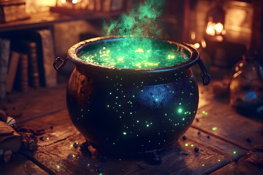 Glowing potion brews in cauldron, wizard's study, fantasy scene, Halloween