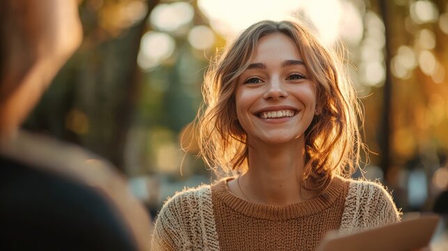 A woman smiling and spreading joy with a random act of kindness