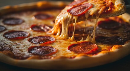 Pepperoni pizza slice lifted, melting cheese pull - indulgence, comfort food - social media, restaurant menu.