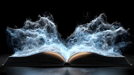 Glowing Blue Particles Erupting From Open Book on Dark Background