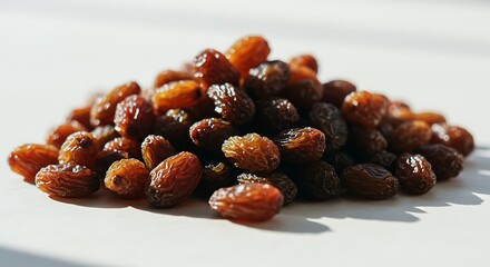 Obraz premium Pile of dried grapes under sunlight - snack temptation - food photography for culinary blog.