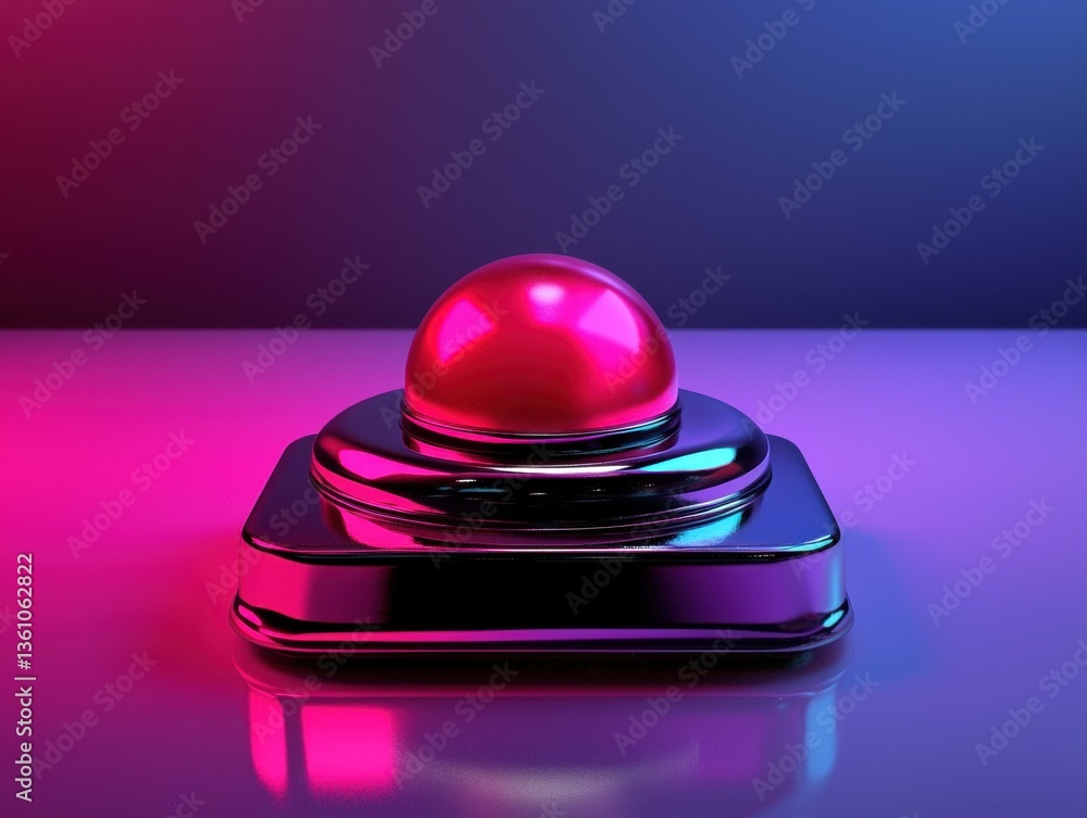 Poster a shiny red button on a sleek base, illuminated by vibrant blue and pink lights, creating a futurist