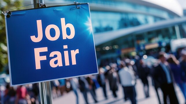 A banner sign reading "Job Fair" in front of a venue