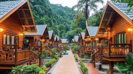 Obraz premium Luxurious wooden bungalows nestled in a lush tropical valley, offering a tranquil escape. Perfect for travel brochures or websites showcasing exotic getaways.