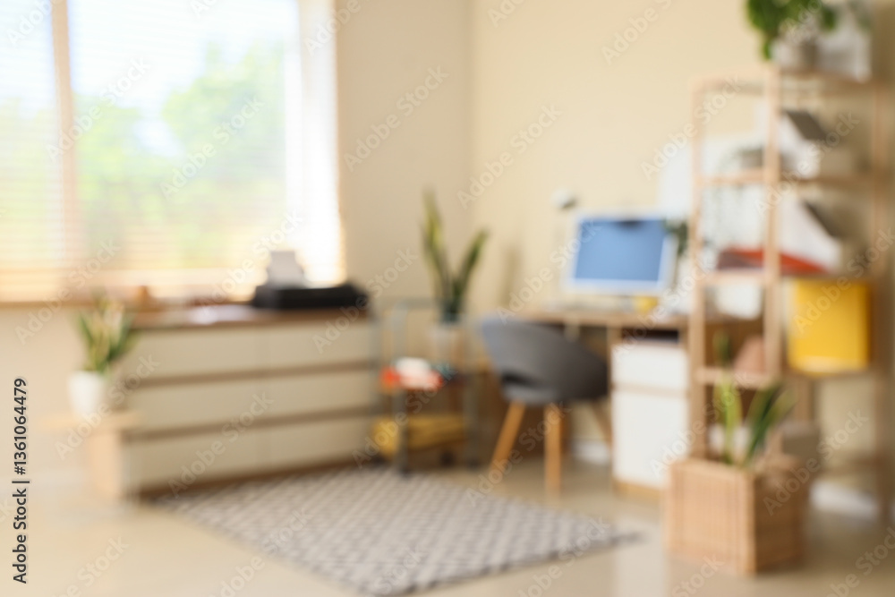 Poster blurred view of office with workplace and printer on commode