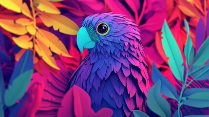 Obraz premium Vibrant and Colorful Digital Artwork of a Parrot Nestled Among Bright Tropical Leaves and Foliage, Showcasing Stunning Craftsmanship and Artistic Vision