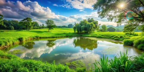 Lush Green Farm Pond Scene , lush vegetation, green fields,  lush vegetation