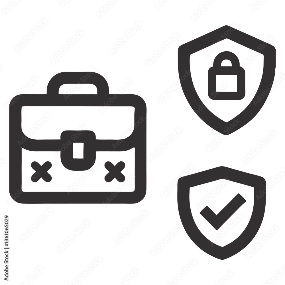 Poster secure business briefcase and shield icons – black minimal line security and protection icons for bu