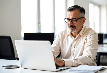 Fototapeta premium Middle-Aged Man Working on Laptop in Office Setting, Wearing Glasses and Professional Attire, Focused Expression, Modern Workspace with Natural Light