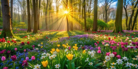 Fototapeta premium Vibrant Spring Scene in the Forest with Blooming Flowers, wildflowers, foliage, wildflowers, foliage, wildlife