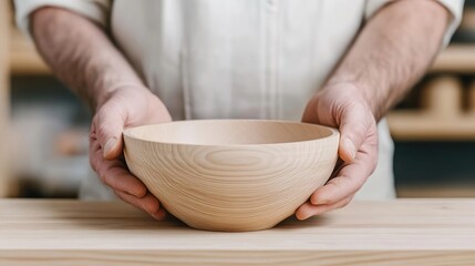 Close-up of hands holding a natural wooden bowl. Craftsman presents a handmade, light-colored, round wooden bowl on a wooden surface.  A focus on the craftsmanship and natural beauty of the bowl