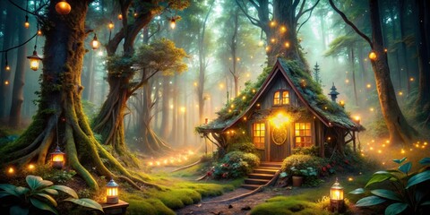 Fototapeta premium Mysterious forest dwelling with radiant light emanations and fanciful embellishments, glowing lights, radiant glow