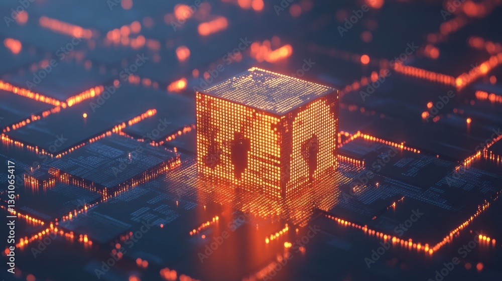Poster glowing cube surrounded by led circuits and digital patterns in a futuristic technology landscape