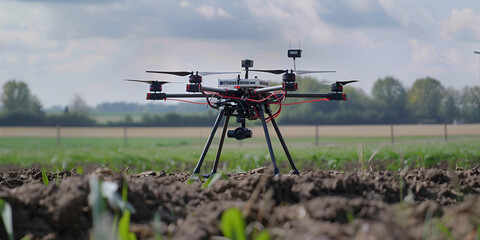 Drone hovering over a green field capturing aerial views of the landscape below  

