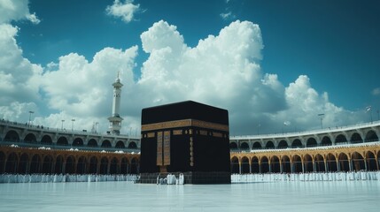 Majestic Scene of Kaaba Surrounded by Pilgrims and Rich Blue Sky with Fluffy Clouds in Mecca