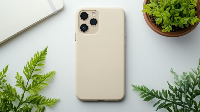 Beige smartphone in case on white desk with plants and notepad.