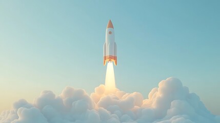 Naklejka premium Rocket Launching into Clear Blue Sky, A rocket launching into a clear blue sky, surrounded by fluffy clouds