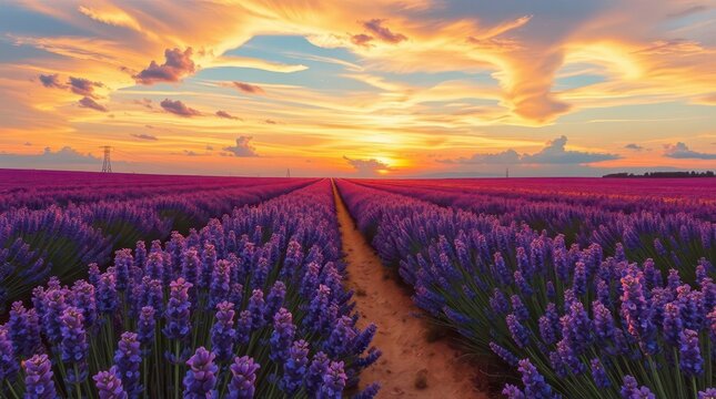  Vast Lavender Fields in Golden Sunset &ndash; Stunning 8K Photorealistic Landscape, lavender fields, sunset glow, purple flowers, peaceful countryside, dreamy nature, cinematic scenery, photorealistic vie
