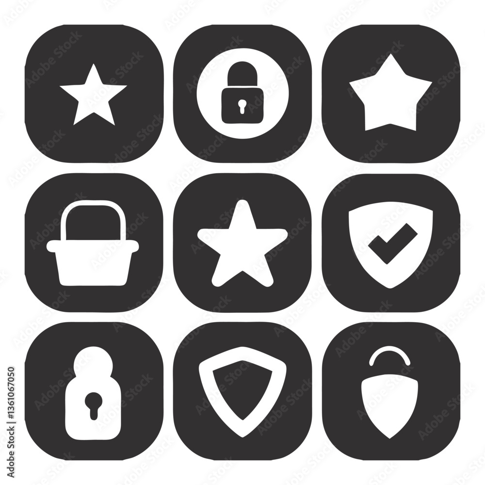 Poster minimal rounded icon pack – star, lock, shield, basket, and tick ui elements for web and app design 