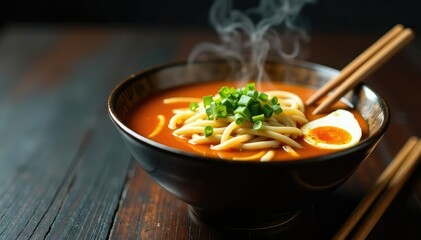 Steaming bowl of ramen noodles, chopsticks, garnish, tasty, background, cuisine