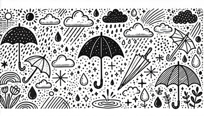 雨と傘のシンプル手描き線画セット（横長）

