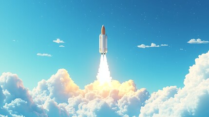 Fototapeta premium Rocket Launching into Clear Blue Sky, A rocket launching into a clear blue sky, surrounded by fluffy clouds