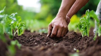 Close-Up of Hands Cultivating Soil While Planting Fresh Vegetables in a Home Garden During Spring Season