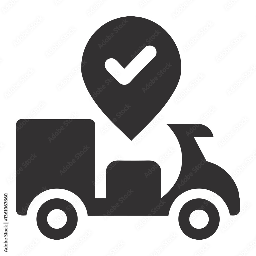 Poster delivery scooter with location check pin icon – minimal courier and logistics vector graphic for e-c