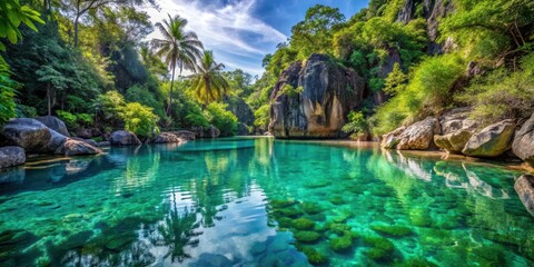 Serene thermal pool surrounded by lush greenery and natural rock formations, with clear blue waters reflecting the island's vibrant flora and fauna, nature lovers, clear water
