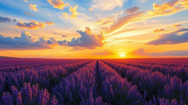  Vast Lavender Fields in Golden Sunset &ndash; Stunning 8K Photorealistic Landscape, lavender fields, sunset glow, purple flowers, peaceful countryside, dreamy nature, cinematic scenery, photorealistic vie
