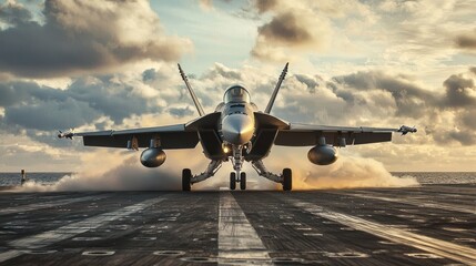Fototapeta premium A close-up of a military jet taking off from a runway