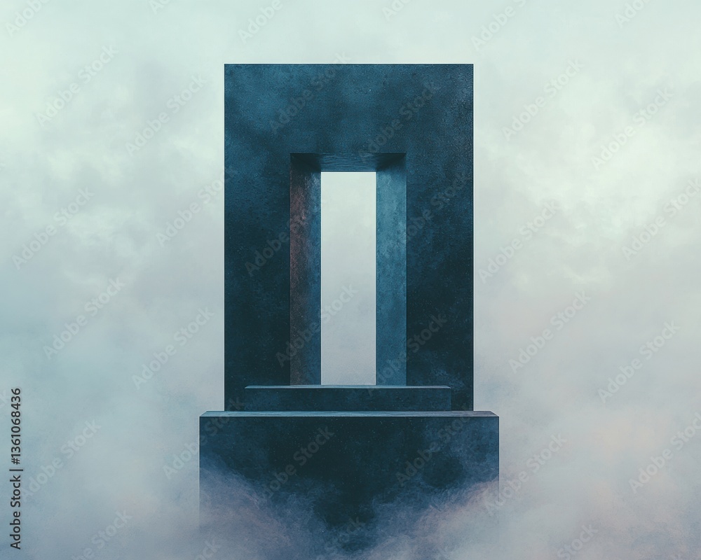 Poster a minimalist structure emerges through dense fog, creating a mysterious and ethereal atmosphere.