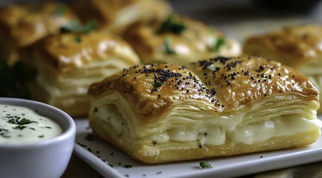 Golden brown puff pastry cheese pocket rolls with milk cream and black cumin seeds