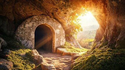 A stone tomb with an open entrance and sunlight streaming in