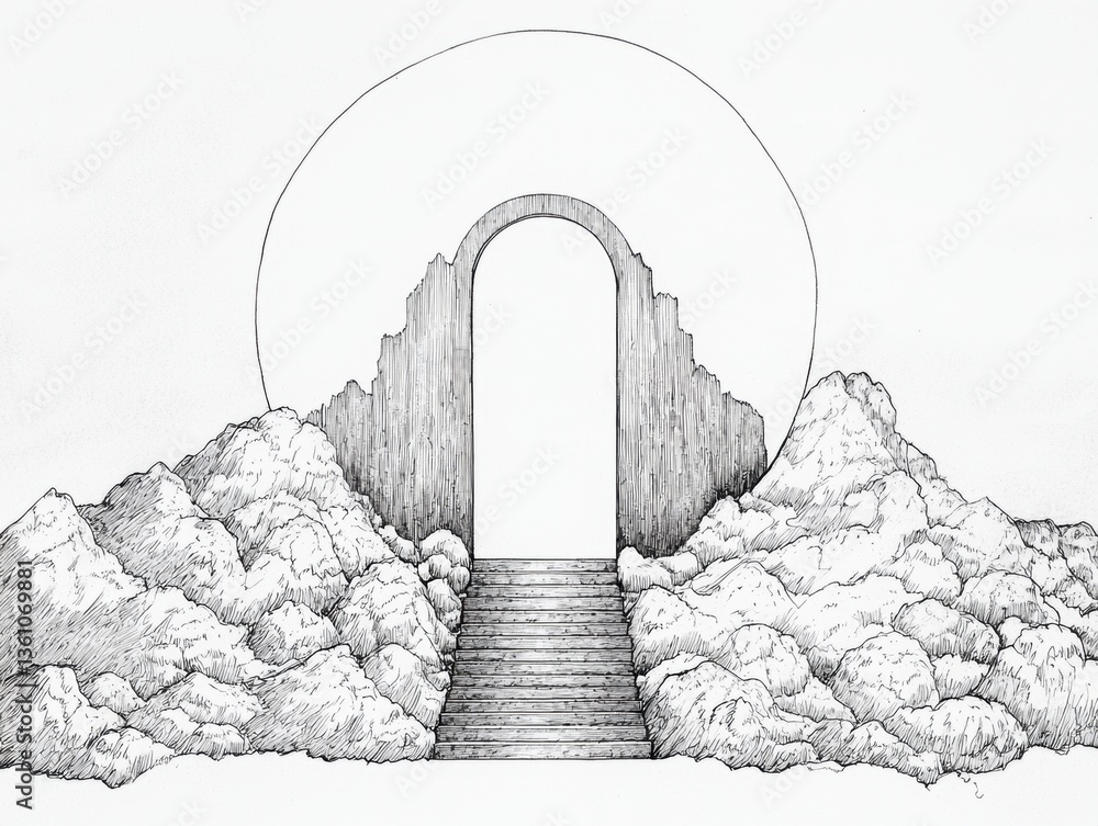 Poster a surreal depiction of a large archway surrounded by stylized clouds, emanating a calm and ethereal 