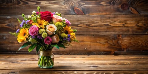 Freshly cut flowers arranged in a bouquet on a wooden table, centerpiece, organic, centerpiece, organic, decoration