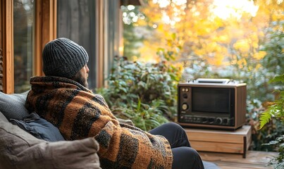 Man relaxes on porch, autumn view, vintage radio