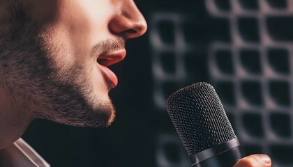 Man singing into microphone, studio, soundproof