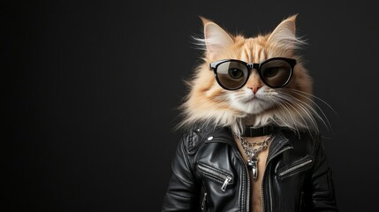 Cool Cat in Sunglasses and Leather Jacket Against Dark Background