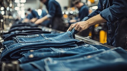 Workers assembling denim garments in a jean factory