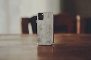 Marble phone case on wooden table, blurred background