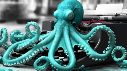 Obraz premium Turquoise octopus tentacle inking greyscale typewriter creative chaos