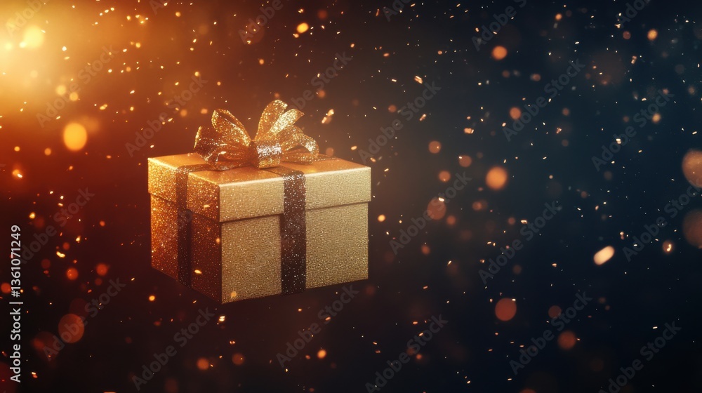 Poster golden gift box with bow floating in a magical environment filled with shimmering particles and soft