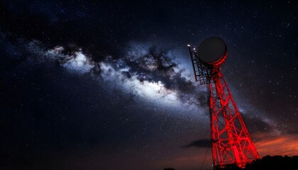 Night sky, Milky Way, red tower, communication, astronomy