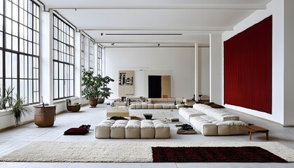 Minimalist loft apartment living room, large windows, red wall art, interior design