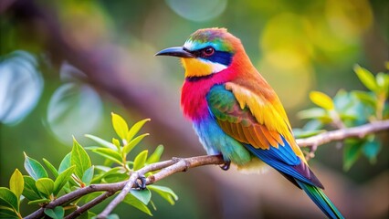 A multicolored bird perched on a sturdy tree branch with leaves and branches blurred in focus, showcasing its vibrant plumage against a soft natural background , colorful, tree branch